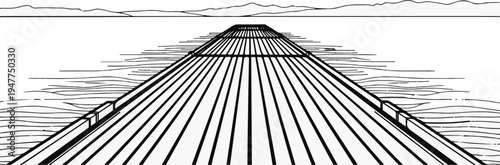 Stylized, linear perspective drawing of a long, narrow pier or walkway stretching toward distant mountains