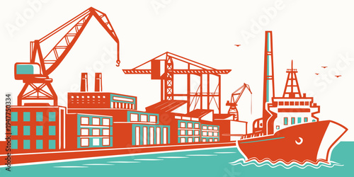 A cargo ship docked at a port with cranes Vector