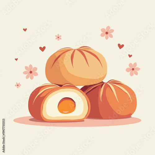 Soft Chinese birthday peach buns on light background with flowers and hearts  