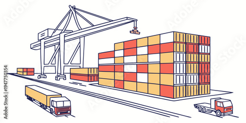 A cargo train and crane loading containers at a port Vector