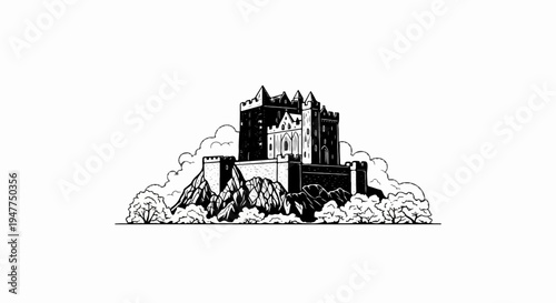 Stylized illustration of a castle atop a rocky outcrop surrounded by clouds