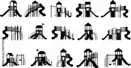 Playground Equipment Silhouette Set, Kids Slide Swing Park Graphics, Outdoor Play Area Vector, Children Recreational Structures, School Yard Elements, Cad Drawing Flat Vector Illustration