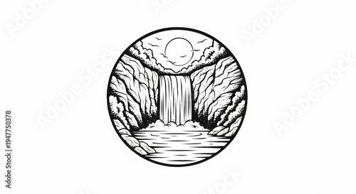 Stylized illustration of a circular waterfall scene with sun and birds