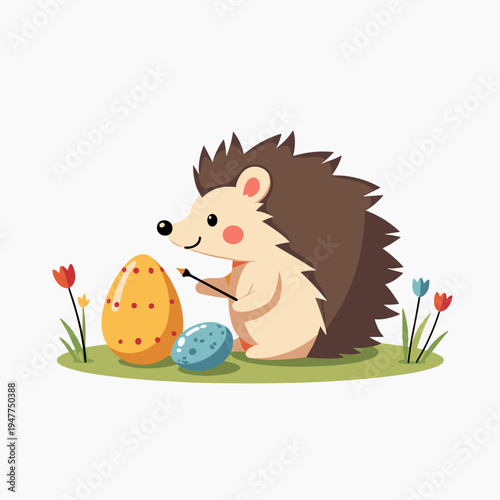 Cartoon hedgehog painting Easter eggs in spring garden  