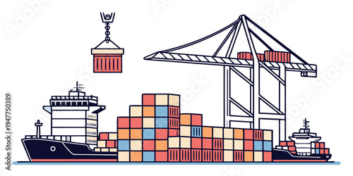 A cargo ship with containers being loaded by a crane Vector