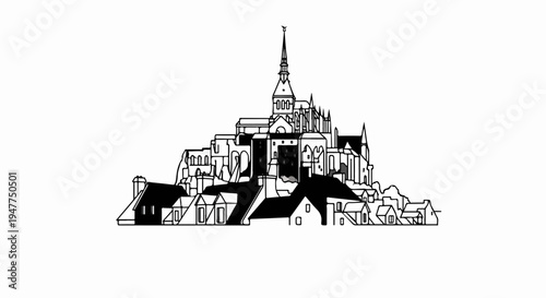 Stylized monochrome line art of a historic island abbey with surrounding village structures