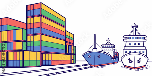 A cargo ship and a container ship next to stacked shipping containers Vector