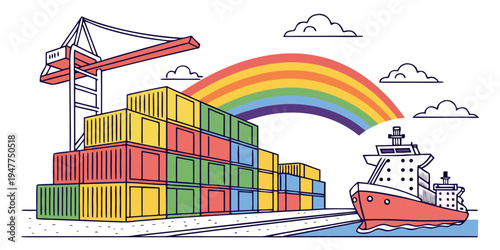 A cargo ship and containers with a rainbow Vector