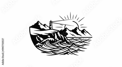 Stylized mountain and sea landscape with a lighthouse and sun