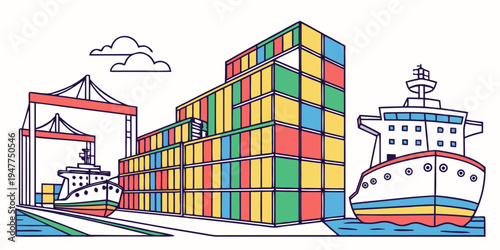 A large cargo ship docked next to a stack of colorful shipping containers Vector