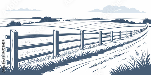 A fence in a rural landscape with a cloudy sky Vector