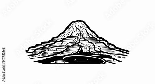 Stylized mountain landscape with layered terraces and a dark pool