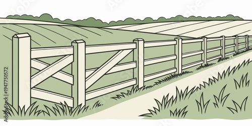 A wooden fence on a grassy hill Vector