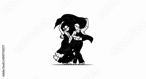 Stylized illustration of a couple dancing under a draped fabric