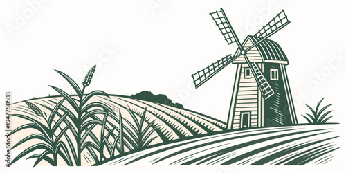 A green windmill on a field with plants Vector