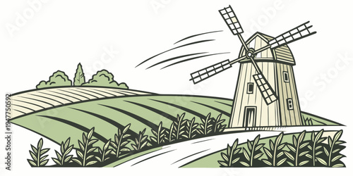 A windmill standing next to a lush vineyard Vector