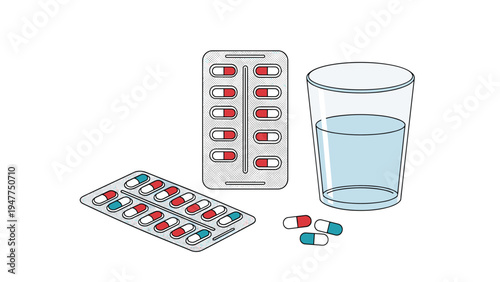 Assorted colorful medical capsules and pills in blister packs placed next to a clear glass of water on a plain white background.