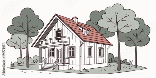 A white house with a red roof and trees Vector