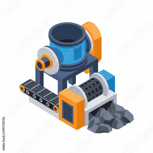 Isometric illustration of an industrial crushing machine processing raw materials into smaller pieces on a conveyor belt system.