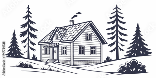 A house on a hill surrounded by pine trees Vector