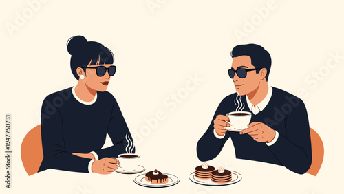 Stylish young man and woman wearing sunglasses sitting at a cafe table while enjoying hot coffee and sweet chocolate desserts together.