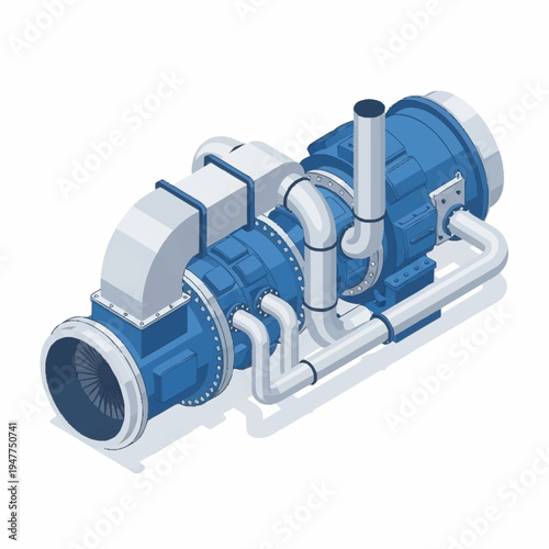 Isometric illustration of a complex industrial gas turbine engine with intricate piping and exhaust systems, rendered in blue and grey tones against a white background.
