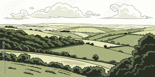 A green landscape with trees and fields Vector