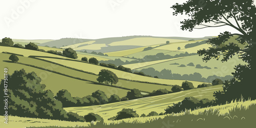 A green hillside with trees and bushes Vector