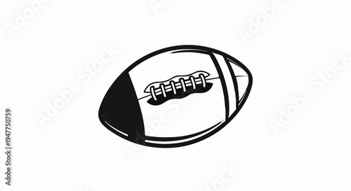 Stylized, black and white sketch of a rugby ball on a white background