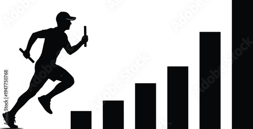 Relay runner silhouette with baton, business growth bar chart concept, flat vector illustration isolated on white background design