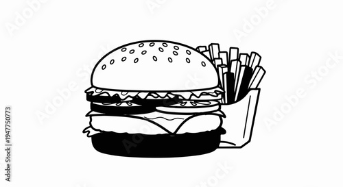 Stylized illustration of a double-patty burger with fries in a red box
