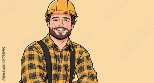 A worker in a hard hat smiles while wearing a flannel shirt and suspenders. The background is plain.
