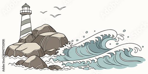 A cartoon shark swimming near a rocky lighthouse Vector