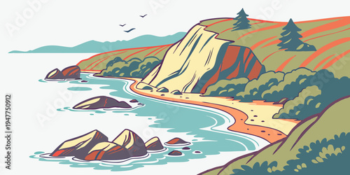 A scenic coastline with a sandy beach and cliffs Vector