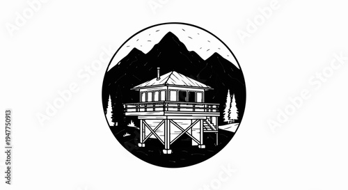 Stylized illustration of a fire lookout tower nestled amidst mountains and pine trees