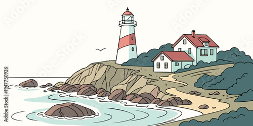 A lighthouse on a rocky coastline with buildings Vector