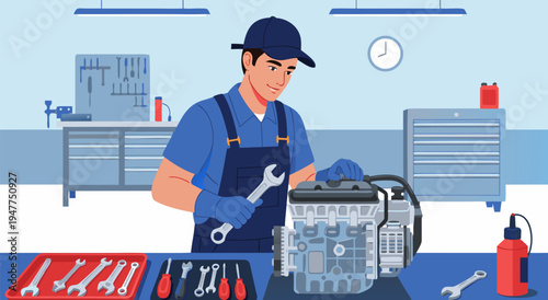 Skilled Mechanic Working on Engine in Garage Workshop Vector Illustration - Automotive Repair Service Concept