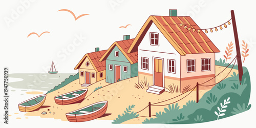 A house on a beach with boats and a flagpole Vector