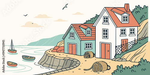 A house on a cliff overlooking the ocean with boats Vector