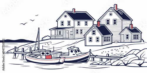 A small boat is anchored near a cluster of houses on the shore Vector