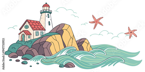 A small lighthouse on a rocky island with starfish Vector