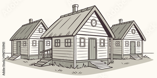 A row of three small houses with gable roofs Vector