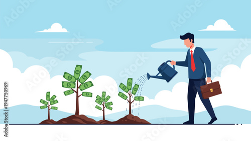 Professional businessman in a suit watering money trees with a watering can to represent financial growth and successful investments.