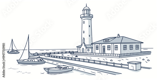 A lighthouse next to a building and a dock Vector