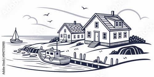 A house on a hill overlooking the ocean Vector