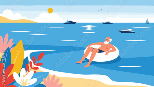 Relaxed senior man wearing sunglasses and swimming trunks floating on an inflatable white ring in the blue sea during his vacation.