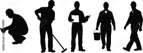 Construction worker silhouettes set showing builders, engineers and laborers with tools, helmet and bucket isolated on white background for industry, workforce, safety and maintenance concept