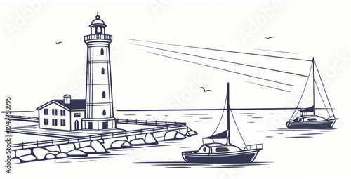 A lighthouse with a house next to it and boats in the water Vector