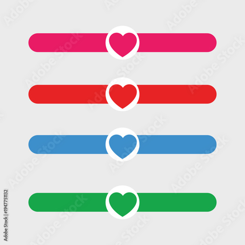 A colorful graphic design featuring four horizontal bars with heart icons in pink, red, blue, and green hues.