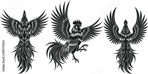 Rooster silhouette illustration set, decorative crowing chicken with spread wings, flat vector isolated on white background design